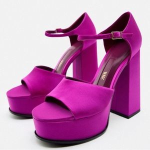 ZARA Chunky Fuchsia Pink Satin Platform Ankle Strap Sandals -38